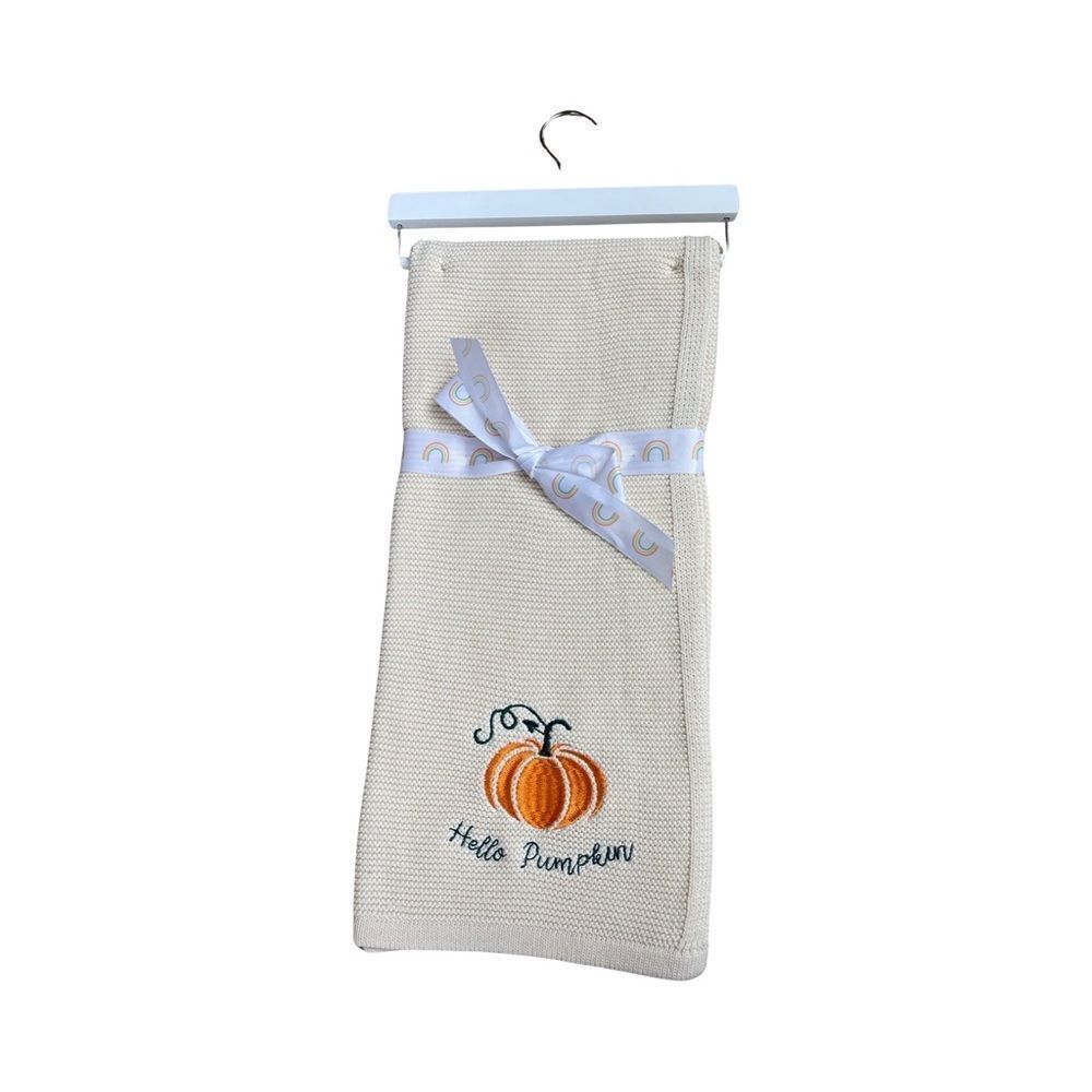 Hello Pumpkin Halloween Knit Embroidered Baby Blanket NWT